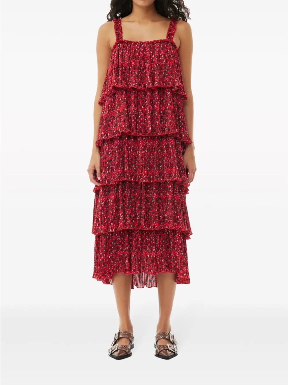 GANNI Red Floral Pleated Georgette FlounceMidi Dress Medium Tiered Ruffle EUC